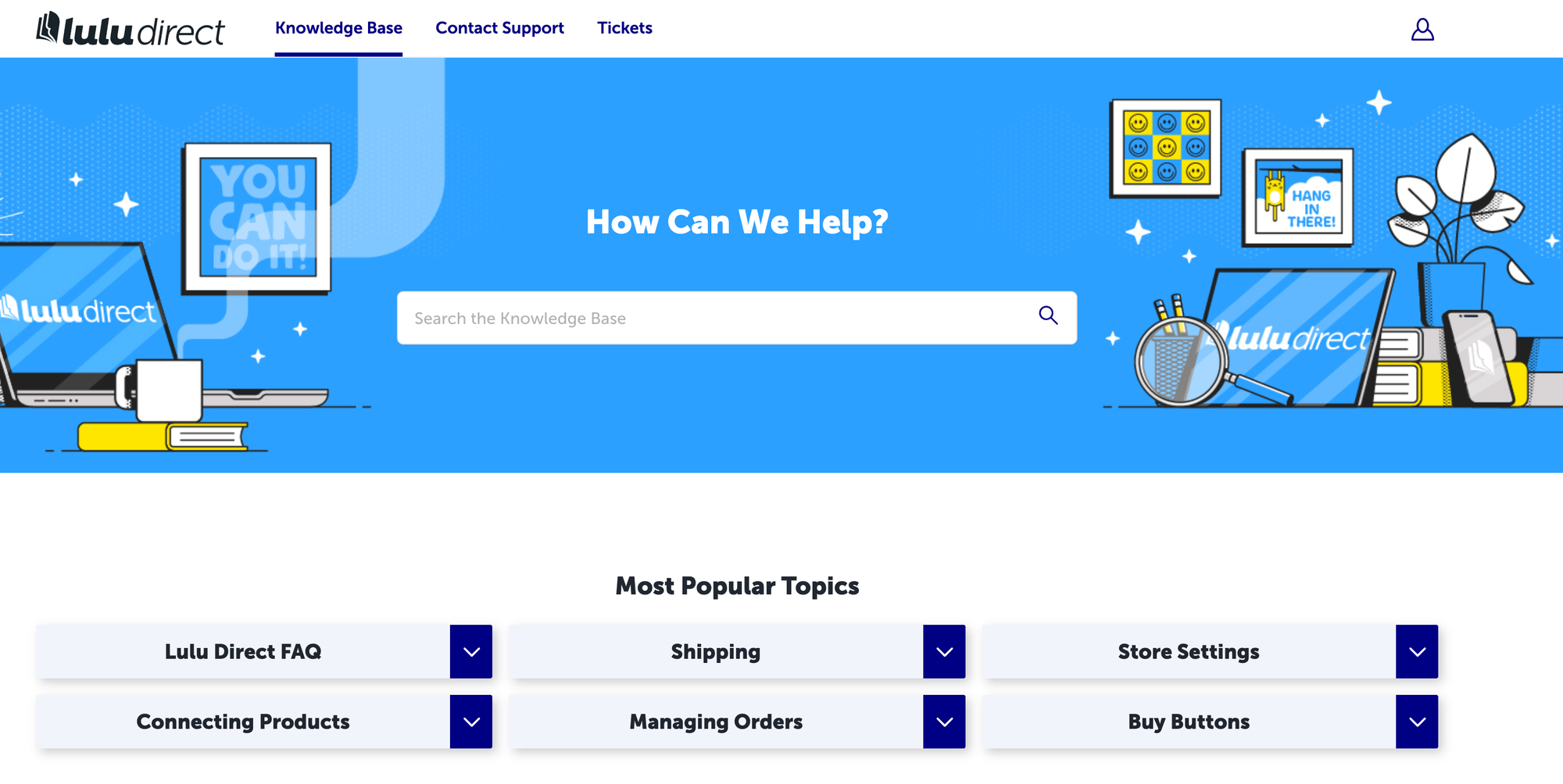 The Lulu Direct knowledge base homepage, featuring search and categories