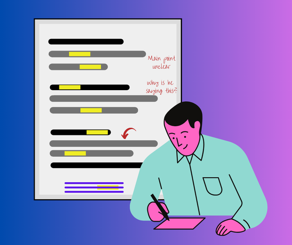 A person writing, with an article in the background that has been highlighted and marked up