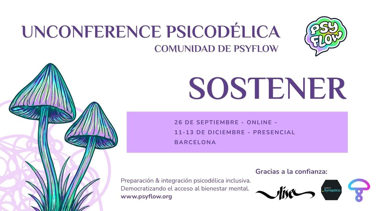 Cartel del evento online HELD organizado por Psyflow en formato unconference, centrado en el acompañamiento y la terapia psicodélica. El póster incluye los logos de sus partners oficiales: Universo Ulises, Clínica Synaptica y Psychedelic Care España, referentes indiscutibles de los eventos psicodélicos en España.