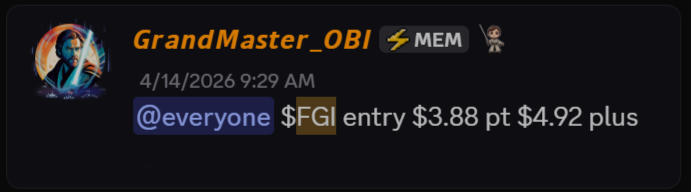 FGI alert screenshot showing an early entry setup