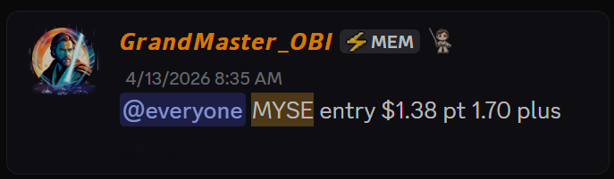 MYSE stock alert at $1.38 entry showing early breakout signal before a 168 percent multi day move in April 2026