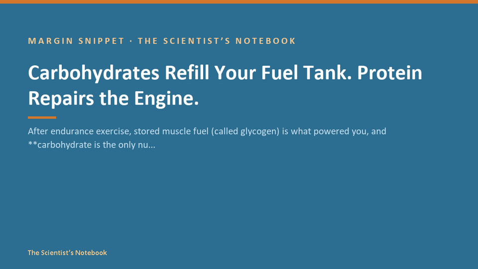 Snippet #038: Carbohydrates Refill Your Fuel Tank. Protein Repairs the Engine.