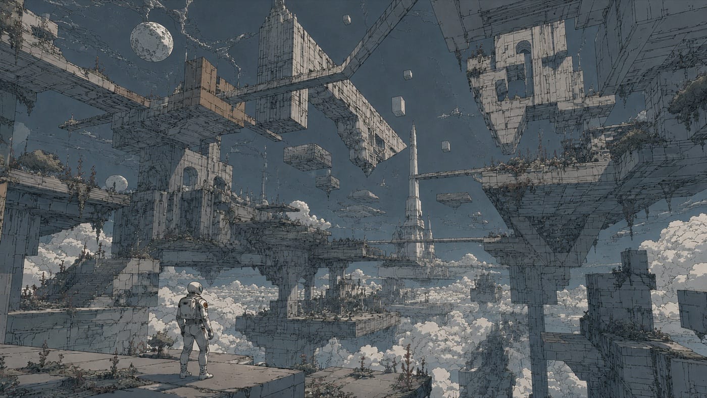 A lone astronaut on a platform in a floating cloud city, the surrounding structures already suspended and bridged to each other