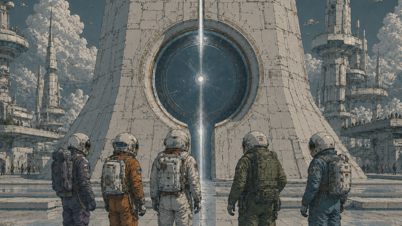 A crew standing before a sealed vault door, none of them holding a key