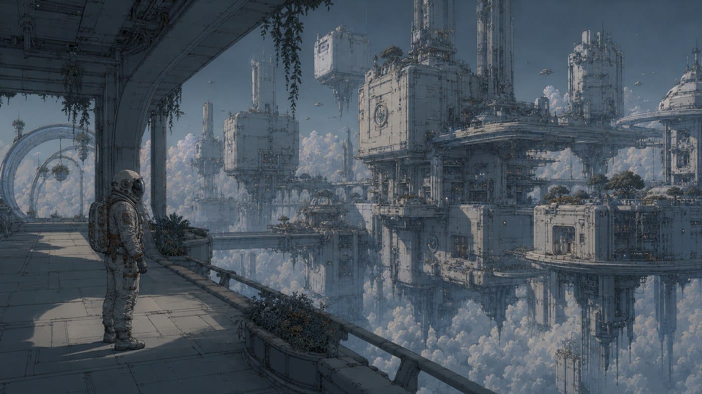 An astronaut on a walkway looking out over a city of modular floating blocks