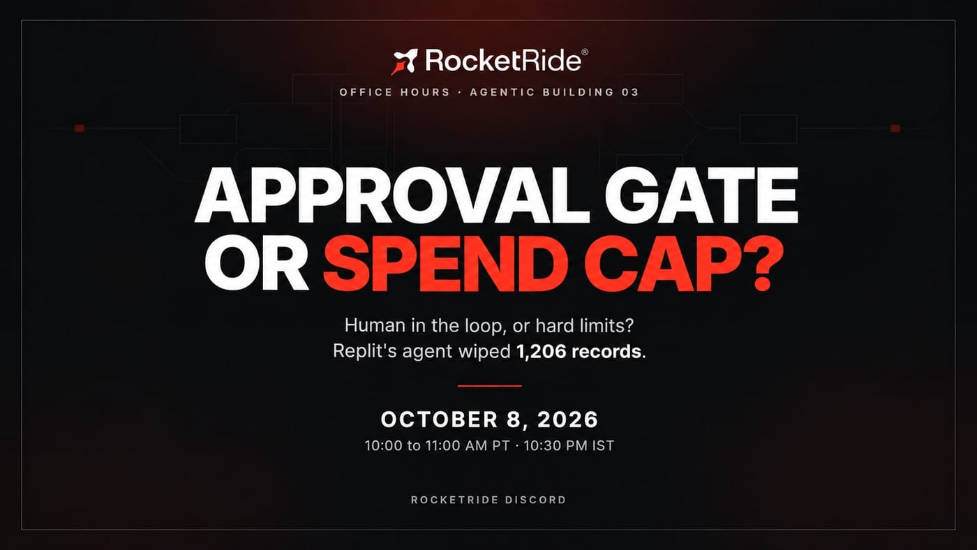 Office Hours, Agentic Building 03: Approval Gate or Spend Cap? Thursday 8 October, 10:00 to 11:00 AM PT, RocketRide Discord