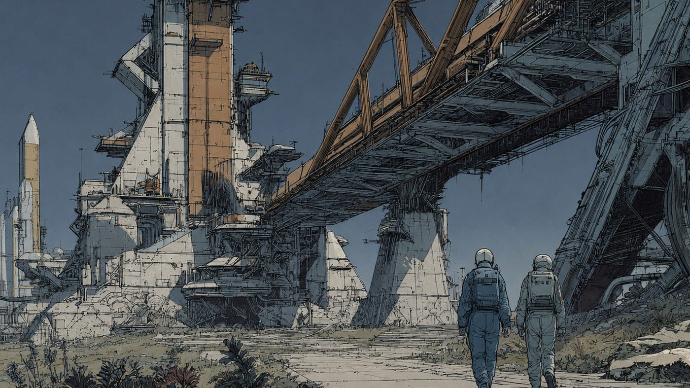 Two astronauts walking toward a launch gantry under a bridge of steel