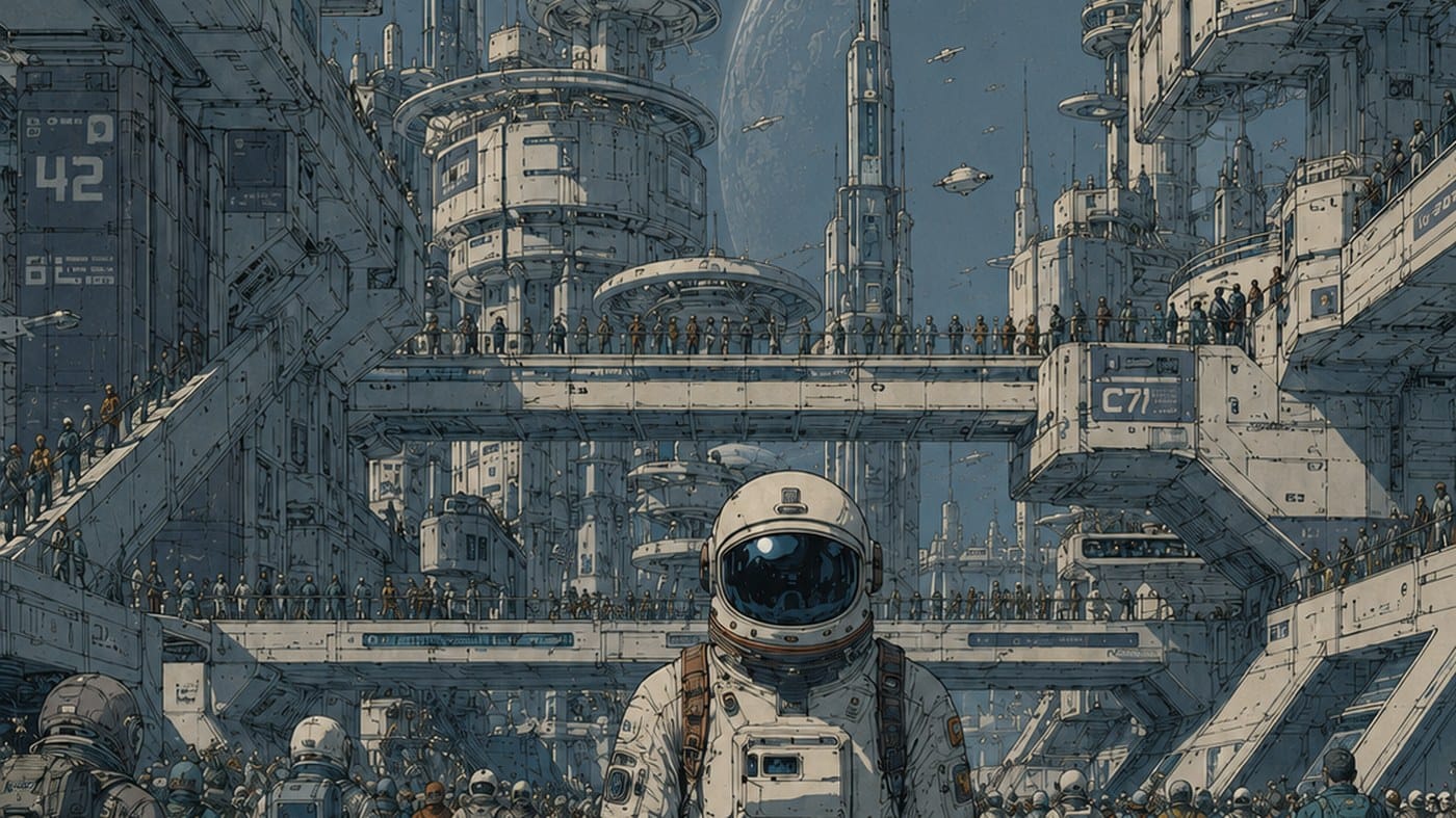 An astronaut in the middle of a crowded, many-layered spaceport city