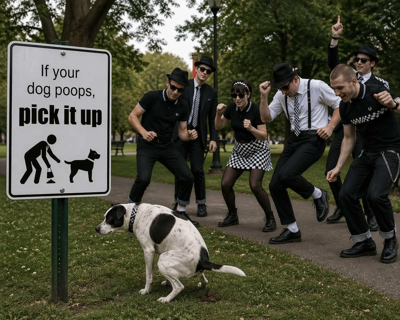 A picture of a dog popping in a park next to a sign that signs "If your dog poops, pick it up". There are several ska fans in the background watching and dancing.