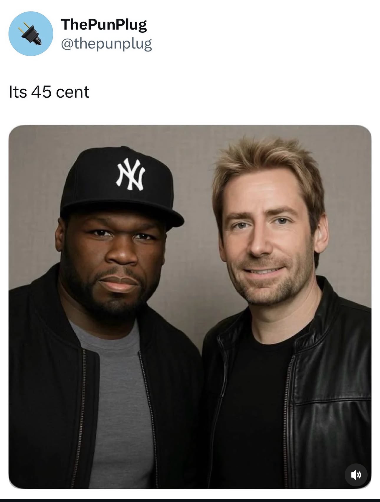 A social media post with a photo of the rapper 50 Cent, and the lead singer of Nickelback. The caption says "Its 45 cent"