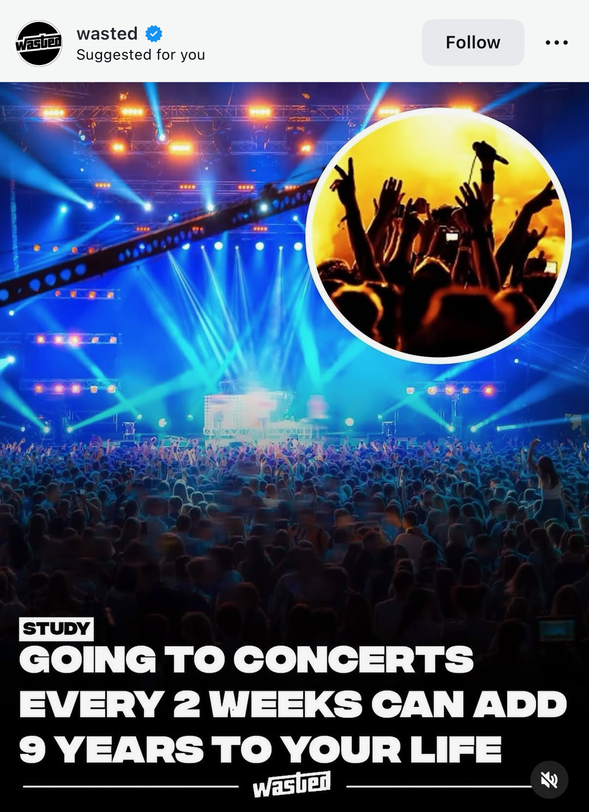 A social media post with a photo of a crowd at a concert. The caption says: "Study: Going to concerts every 2 weeks can add 9 years to your life"