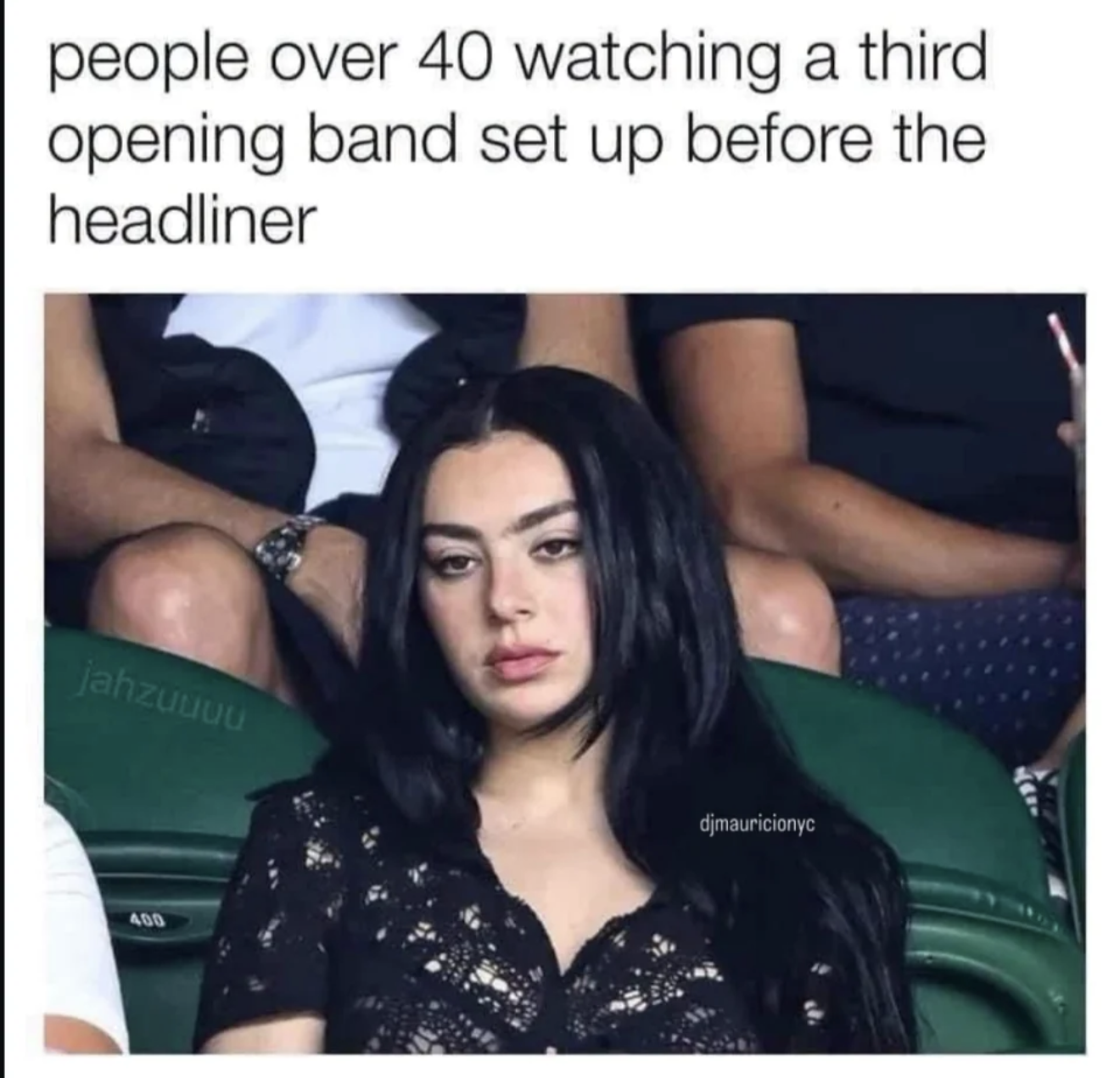 A social media post of a woman who looks annoyed and tired. The caption says "People over 40 watching a third opening band set up before the headliner"