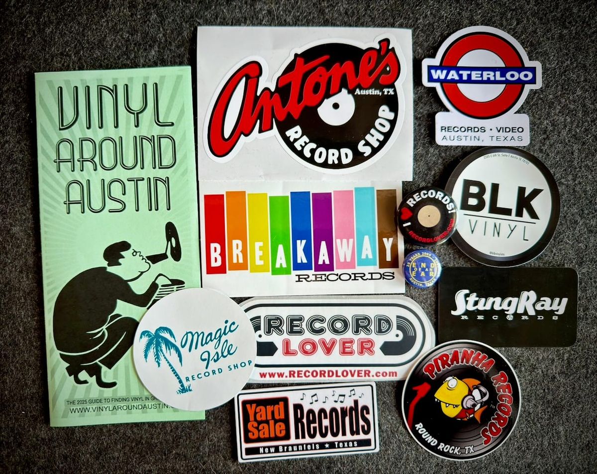 Stickers, pins, and a brochure from record stores across Austin and some of the surrounding towns.