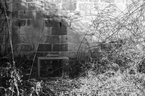 A black and white photo of a busted up television sitting in an overgrown field in front of a brick wall.