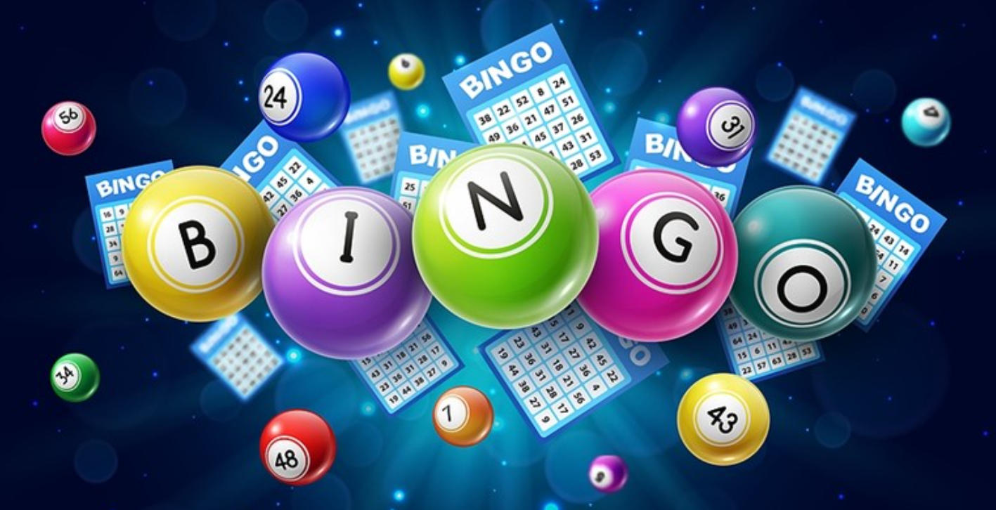 colorful drawing of bingo balls and bingo cards