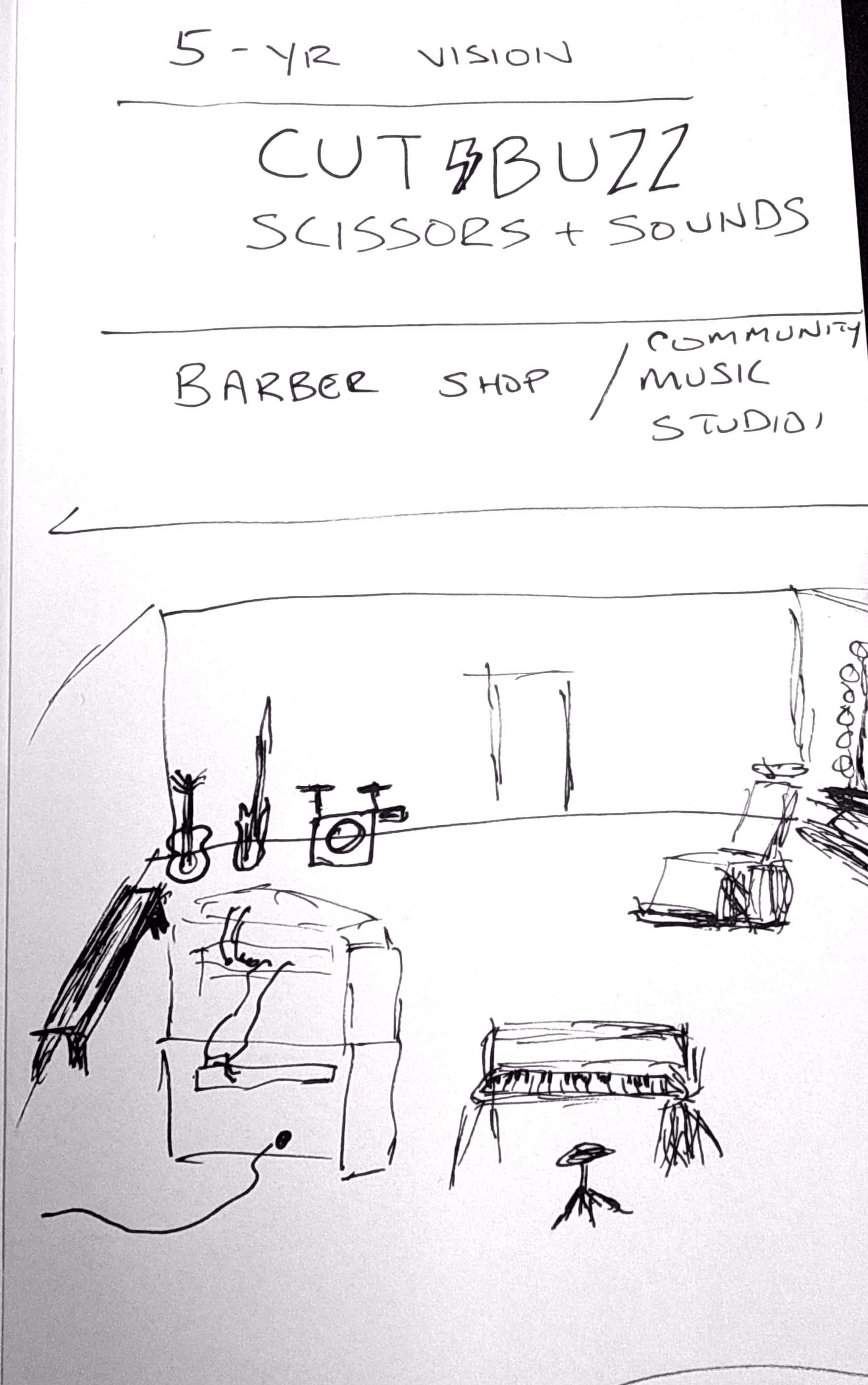 a sketch of a barber/music studio space
