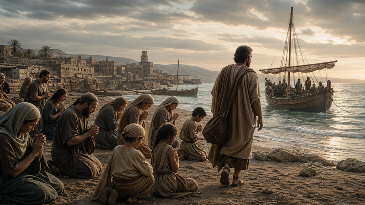 Paul walks toward a ship while families kneel in prayer on the beach at Tyre.