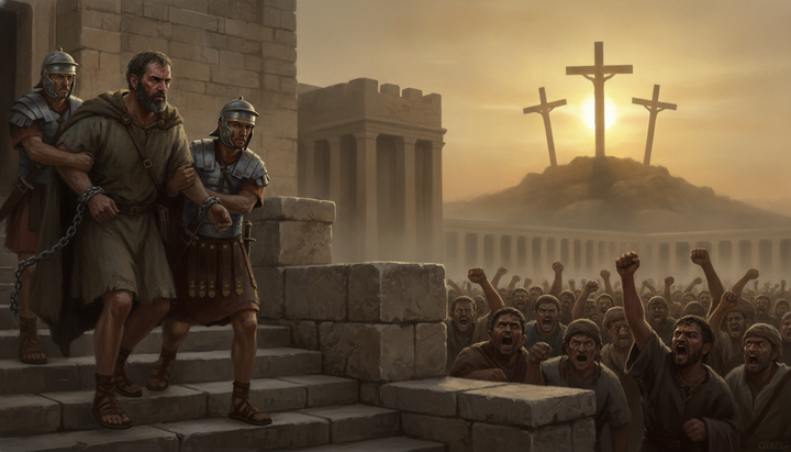 Roman soldiers lead Paul in chains down the Antonia steps above a shouting crowd, while three crosses appear as a hazy vision against the sunset on a hill beyond the city wall.