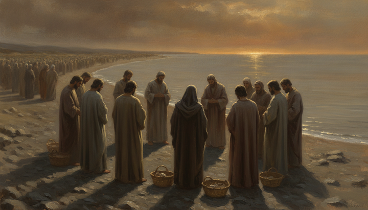 A crowd walking away along the shore of Galilee at dusk while twelve men remain with Jesus beside empty bread baskets