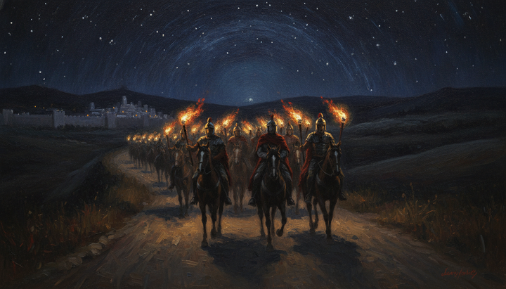 A Roman cavalry column with torches escorts one prisoner down a night road out of Jerusalem