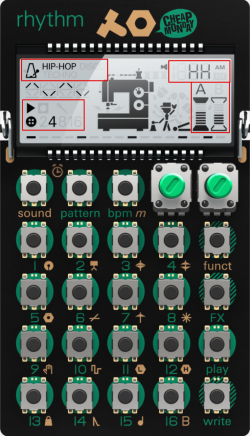 Teenage engineering PO-12 Rhythm with annotated screen