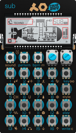 Teenage Engineering PO-14 Sub with annotated screen
