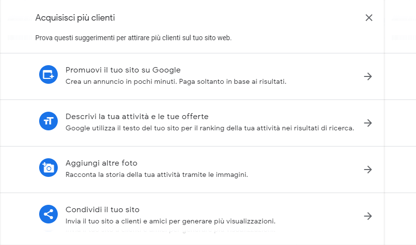 Screenshot Google My Business Mini Sito Web Gratis: suggerimenti per il sito web