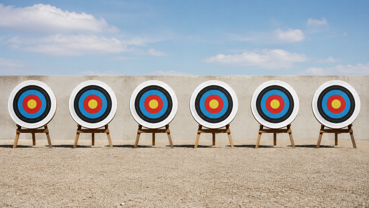 Six separate archery targets standing next to each other.