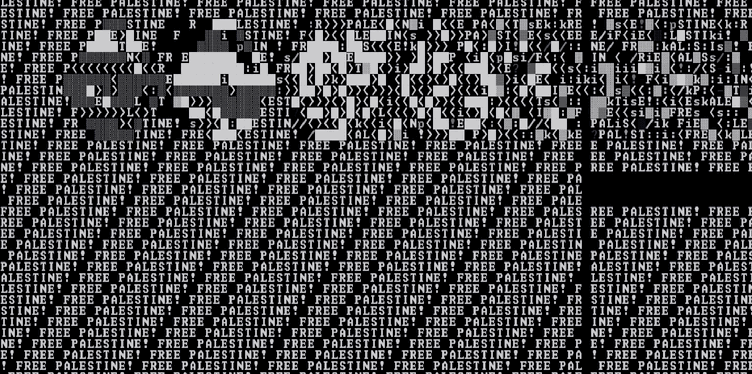 a glitchy ascii mess that says 'free palestine!'
