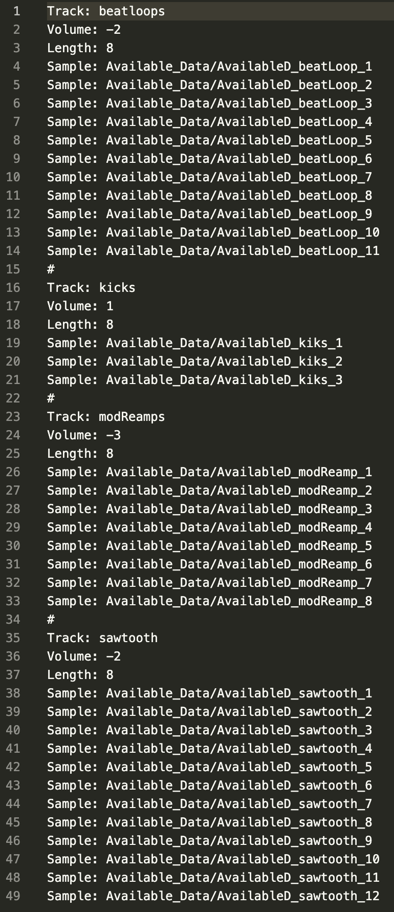 it's a screenshot of text, too much text to fit in the alt text caption, soz, but it is a list of sample paths split into 'tracks'