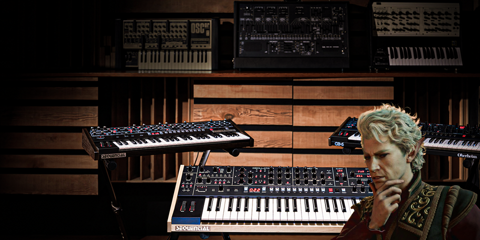 Astarion from Baldur's Gate 3 thinking deeply about the synthesisers pictured behind him.