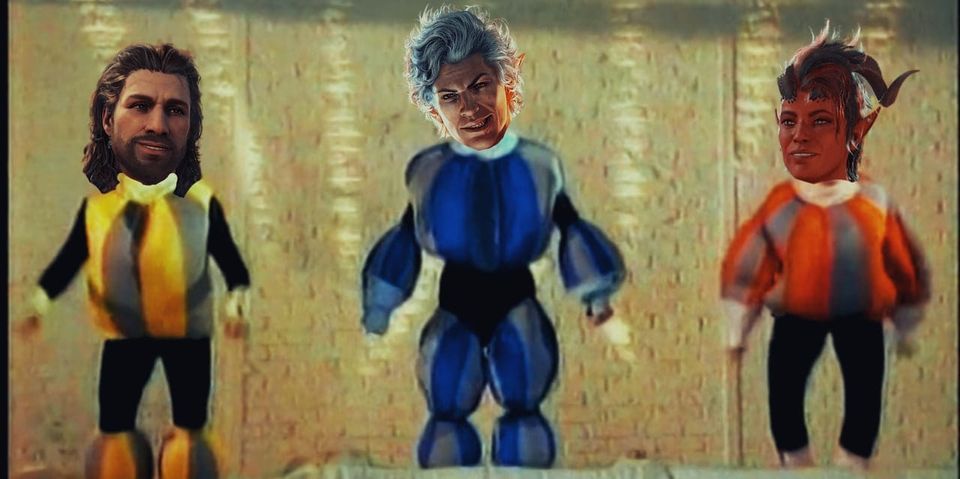 still from new order's 'true faith' video but it's characters from baldur's gate 3 done in yet another excellent photoshop from the k.n.r.u. graphics team