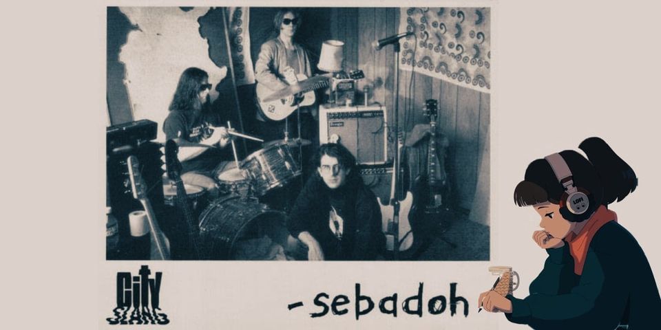 A press shot of the band Sebadoh next to the anime girl from 'lofi beats to study to', probably listening to Sebadoh's 'Harmacy', (one of the greatest albums of the 90s), on her headphones.