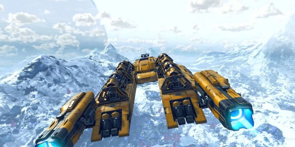 a still from no man's sky showing a spaceship flying over snowy mountains