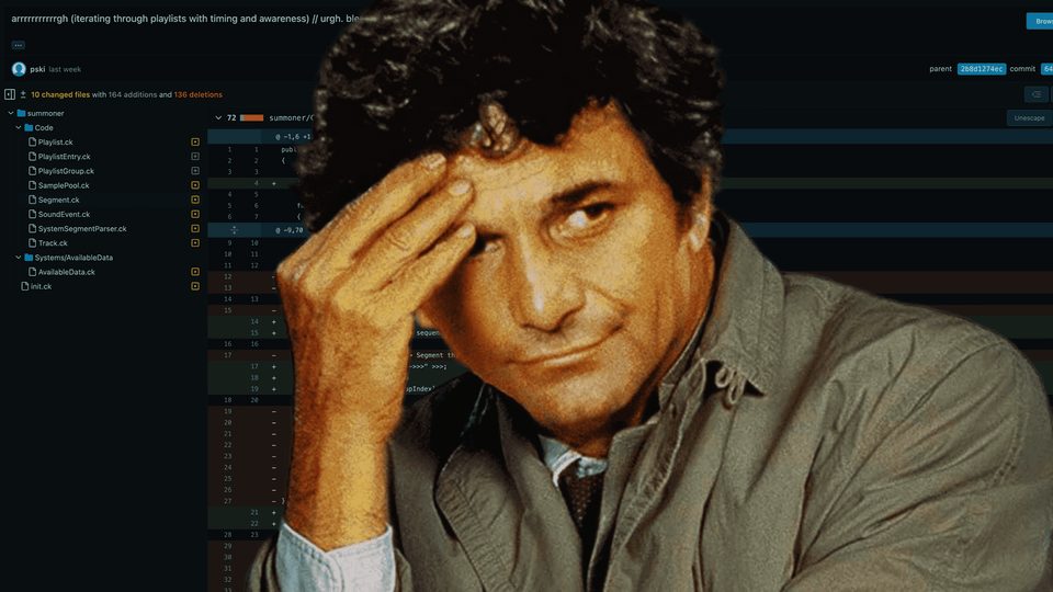 columbo in front of the messy wreckage systems repository, holding his head, looking disappointed at the whole world