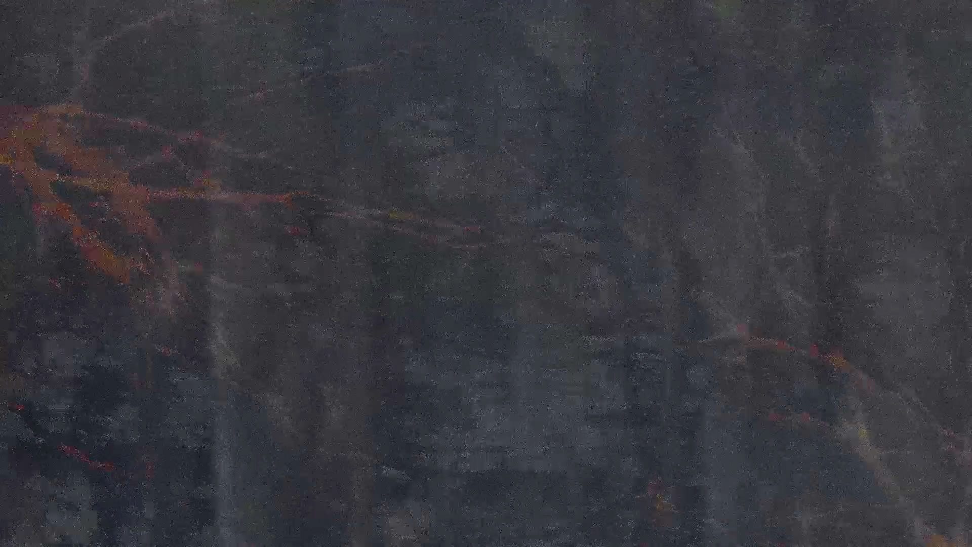 A dark blue-gray hazy image of tree branches, lit up with red digital noise, with faint outlines of the wooden planks of a barn superimposed.