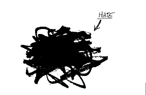 A pixelated black scribble with the word hate written on top of it, with an arrow.