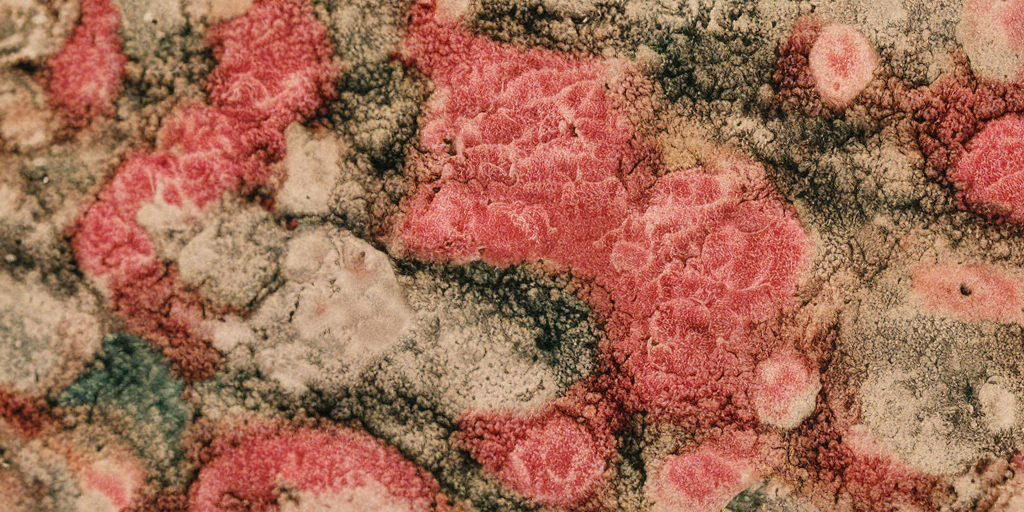 Abstract clusters of texture like mold on a red and white carpet. 