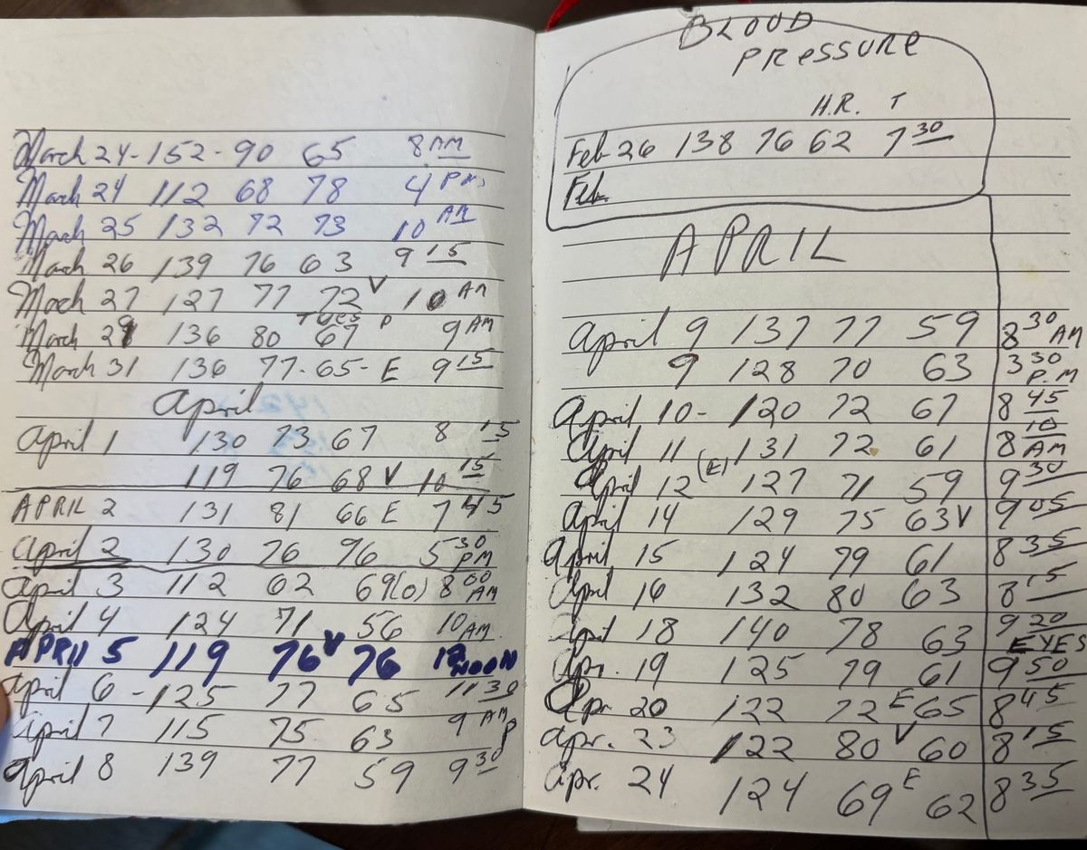 Photograph of a notebook opened to a list of hand-written blood pressure data. 