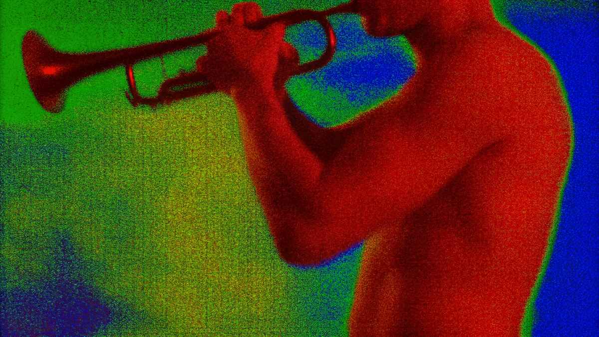 A colorful but noisy image of a man playing a trumpet without a shirt. 