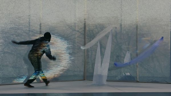 A dancer dressed in black emitting a streak of light against a backdrop of trees and floating fabrics.