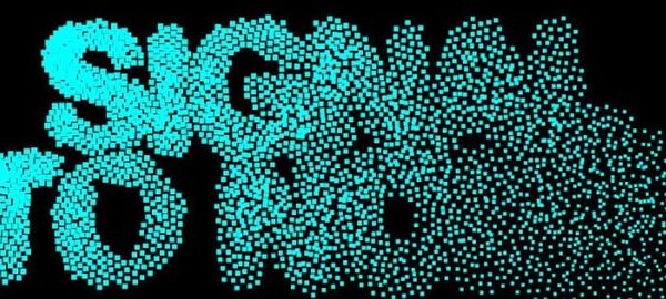 Signal to Noise written in turquoise, the letters pixelating and becoming less legible toward the right.