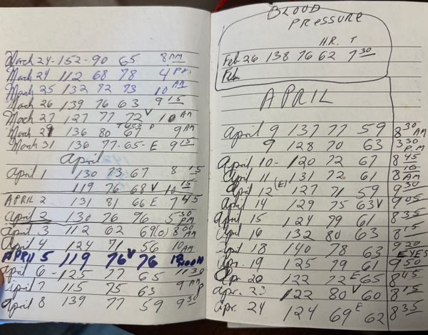 Photograph of a notebook opened to a list of hand-written blood pressure data. 