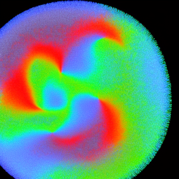A red, blue and green swirl appears as a circle against a black background. 