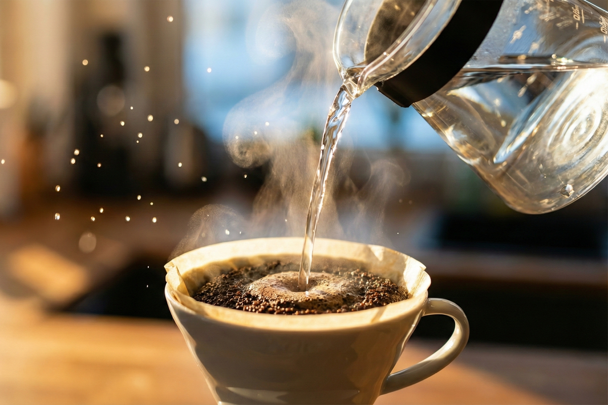 Jarra de água quente derramando sobre um porta filtro de café