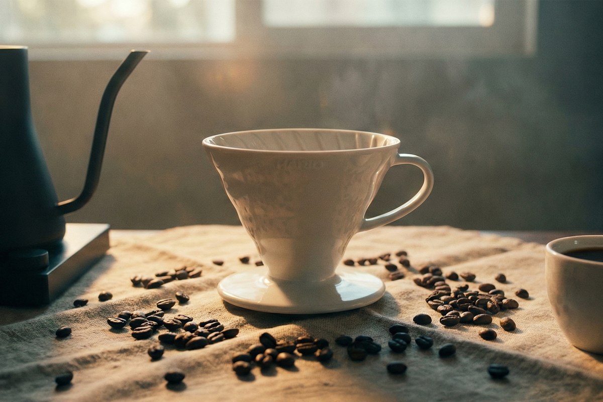 Coador Hario V60 branco de cerâmica sobre uma mesa com toalha, cafés em grãos espalhados, xícara de café e chaleira