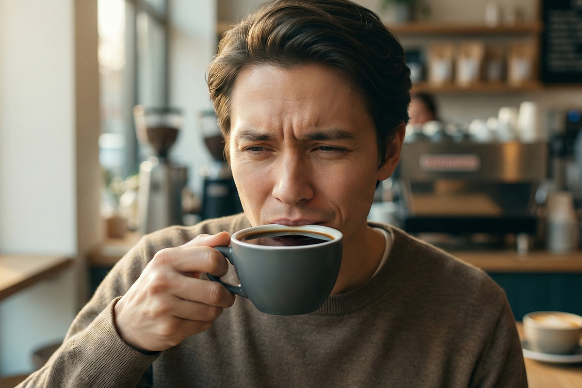 Homem em uma cafeteria bebendo um café escuro e fazendo uma careta como se não tivesse gostando