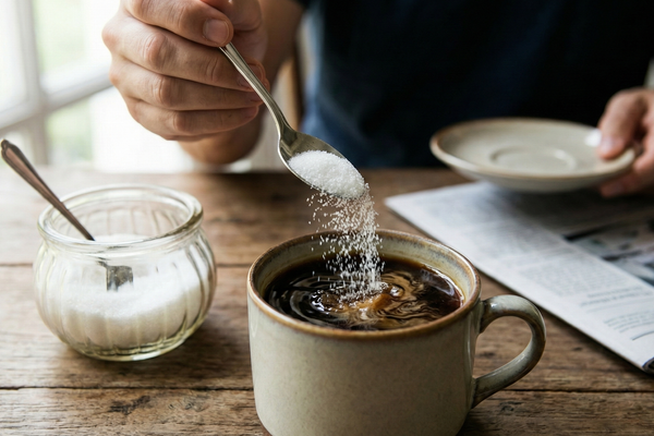 Uma pessoa colocando uma colher de café em uma xícara de café