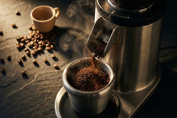 Café sendo moído em um moedor de mós e os grãos bem finos caindo num copo de metal