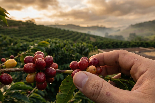 Ramo de café com cerejas vermelhas e amarelas ao pôr do sol em fazenda mineira, com mão de produtor e terreiros ao fundo.